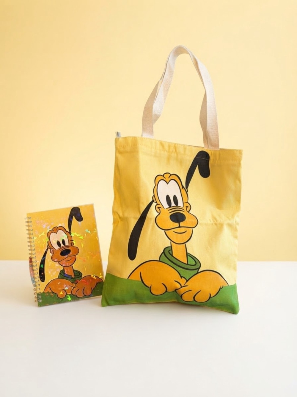 Pluto Yellow Canvas Tote Bag with Green Accent - Disney & A5 notebook